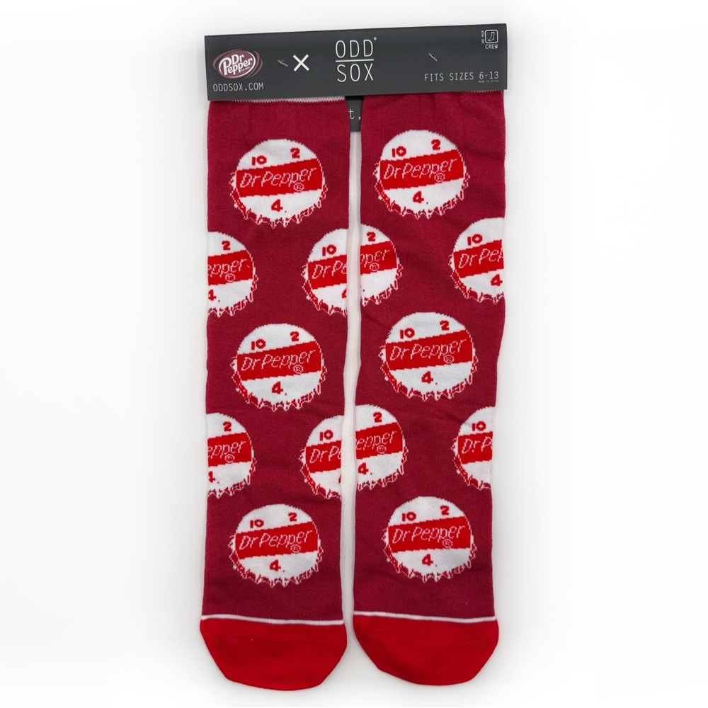 Odd Sox Dr Pepper Crew Socks Mens Womens Soda Bottle Caps Red White Fun Gift